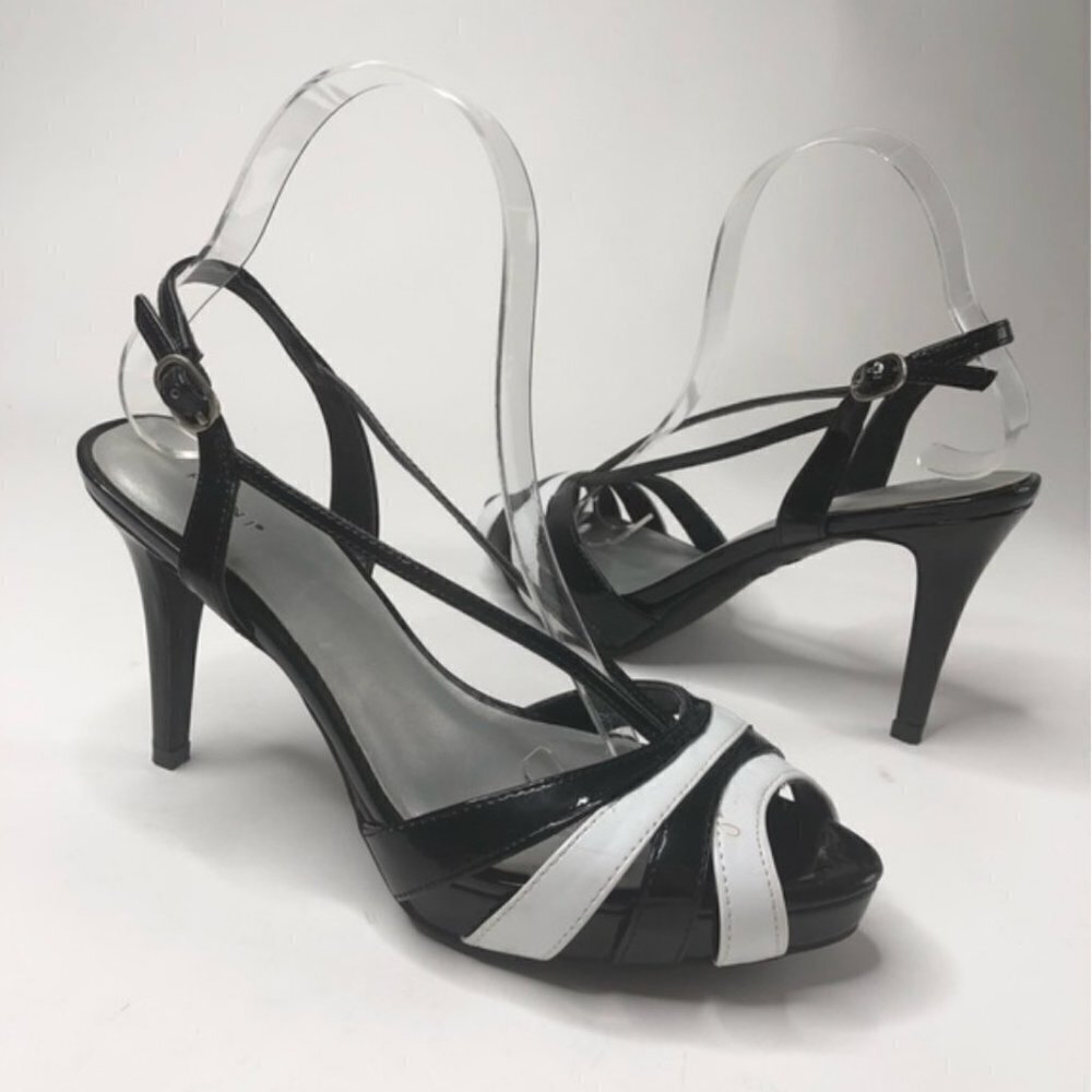 Fioni Miss Puerto Rico Universe Shiny Black White Peep-toe Strappy Heels Sandals